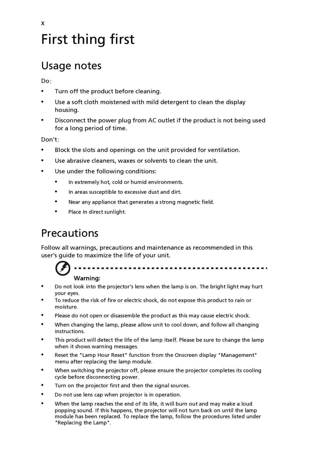 Acer P1265P, P1165P, P5370W, P5280, P5260i manual Usage notes, Precautions 