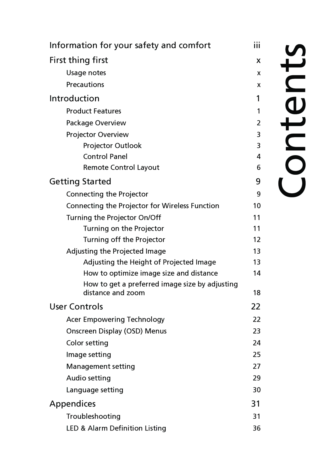 Acer P1165P, P1265P, P5370W, P5280, P5260i manual Contents 