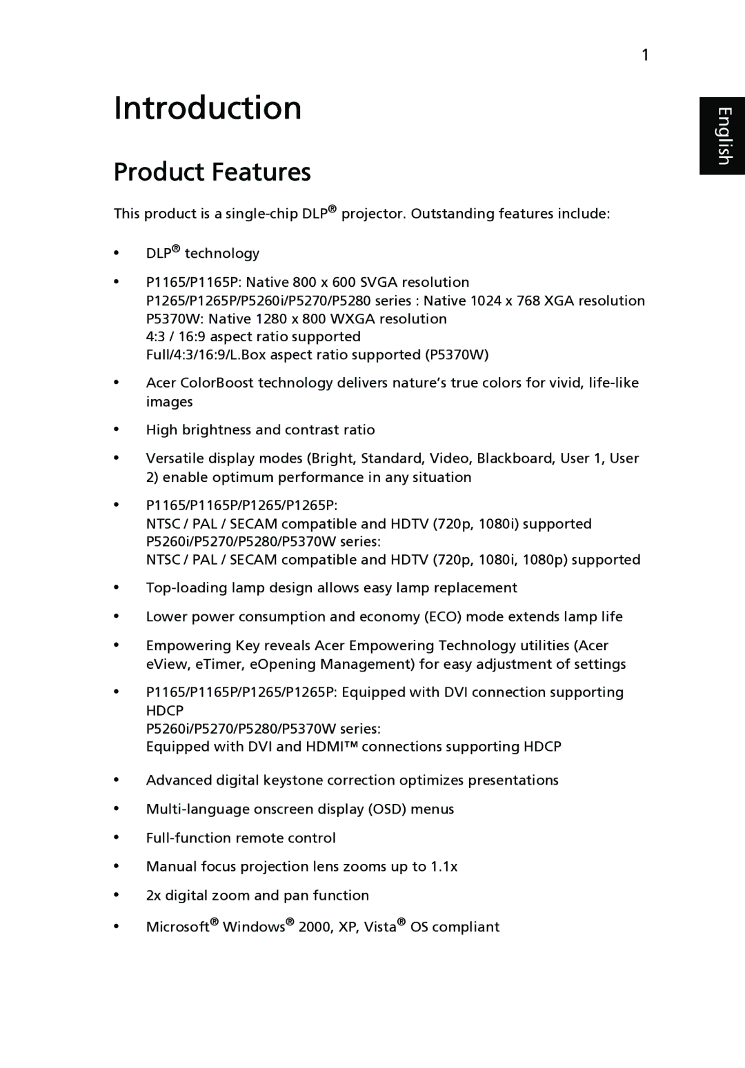 Acer P5280, P1265P, P1165P, P5370W, P5260i manual Introduction, Product Features 