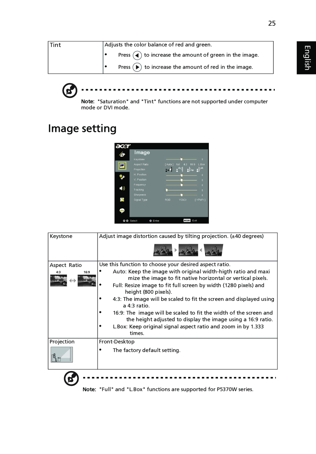 Acer P5370W, P1265P, P1165P, P5280, P5260i manual Image setting, Tint 