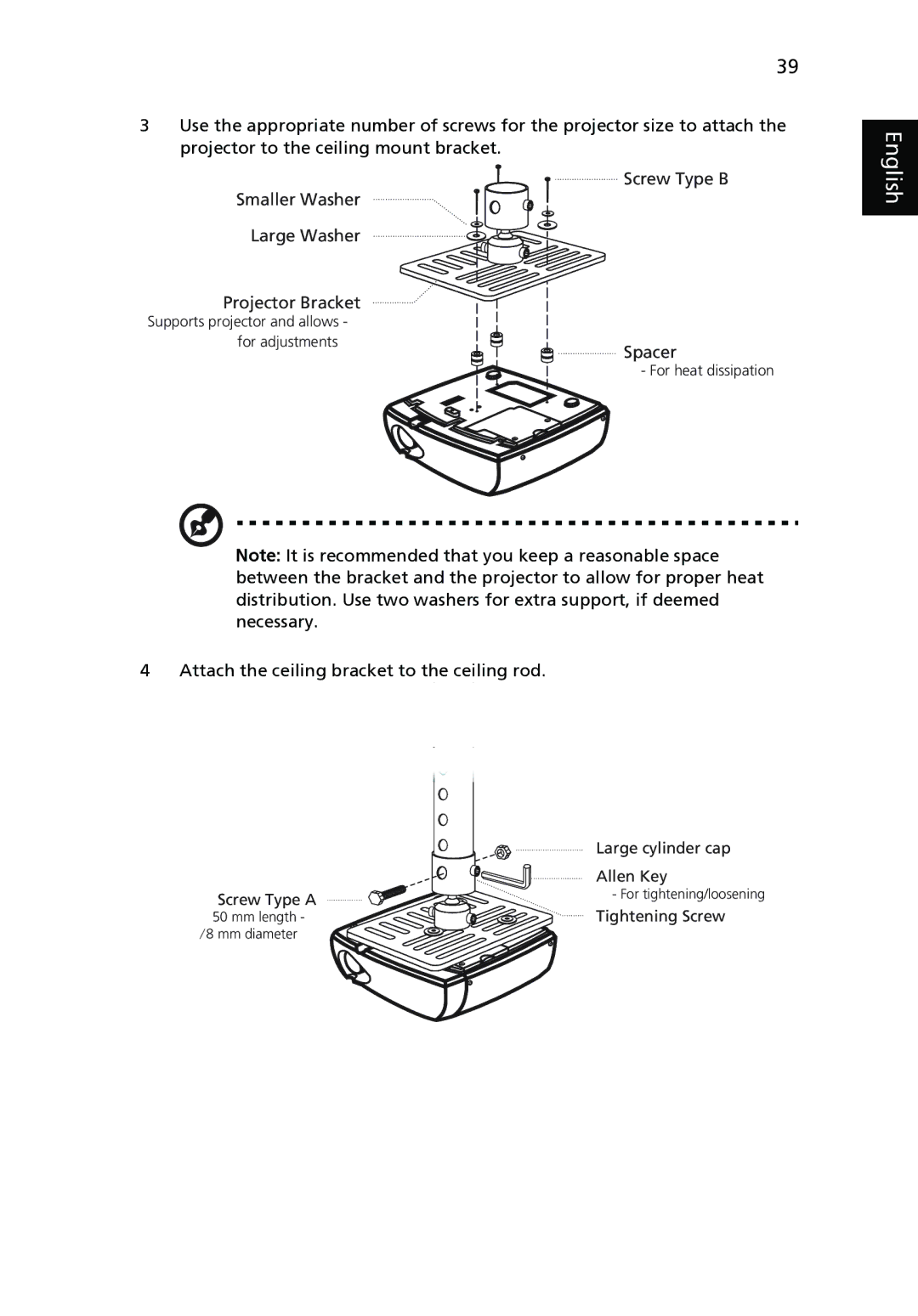 Acer P1165P, P1265P, P5370W, P5280, P5260i manual Attach the ceiling bracket to the ceiling rod 