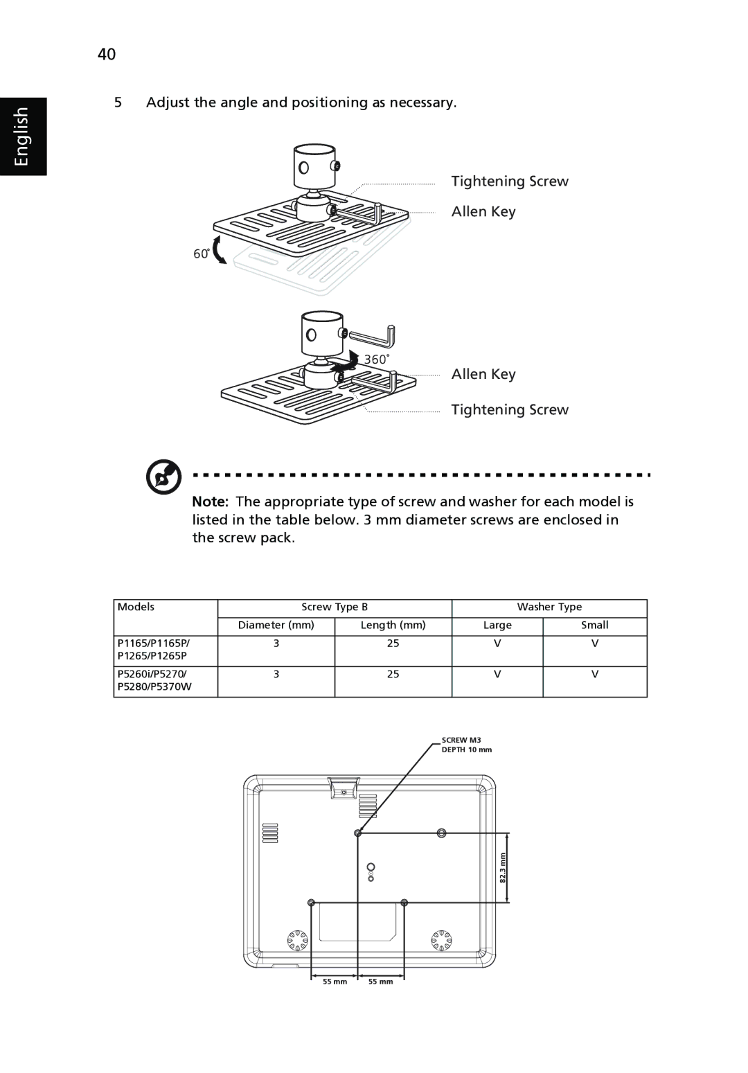 Acer P5370W, P1265P, P1165P, P5280, P5260i manual Screw M3 