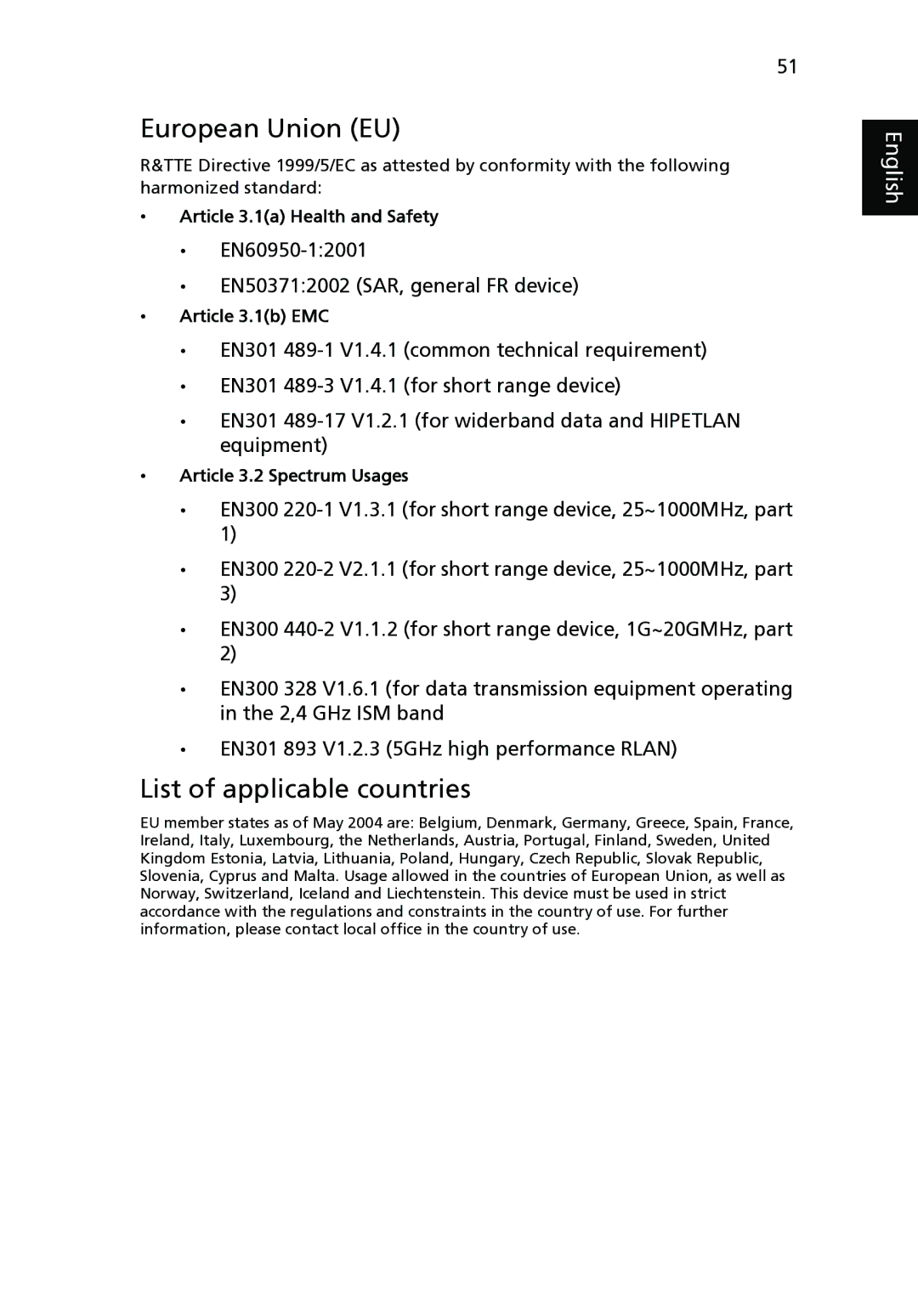 Acer P5280, P1265P, P1165P, P5370W, P5260i manual European Union EU, List of applicable countries 