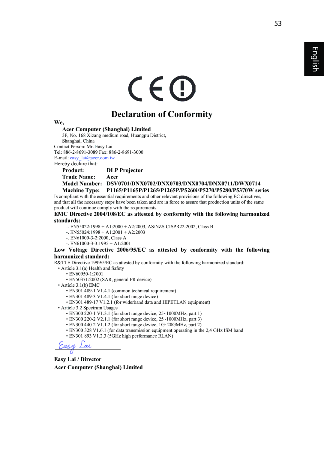 Acer P1265P, P1165P, P5370W, P5280, P5260i manual Declaration of Conformity 