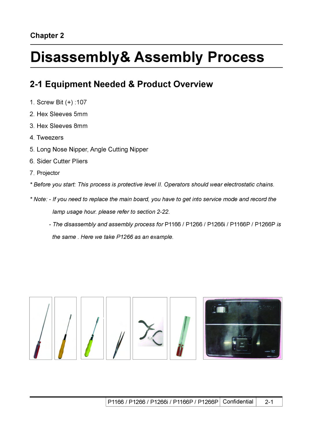 Acer P1266i, P1266P, P1166P service manual Disassembly& Assembly Process, Equipment Needed & Product Overview 