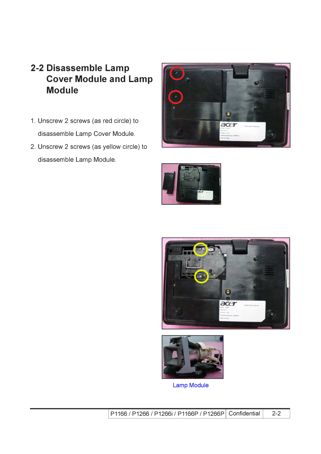 Acer P1266i, P1266P, P1166P service manual Disassemble Lamp Cover Module and Lamp 