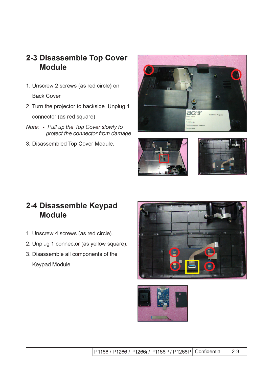 Acer P1266P, P1266i, P1166P service manual Disassemble Top Cover Module, Disassemble Keypad Module 