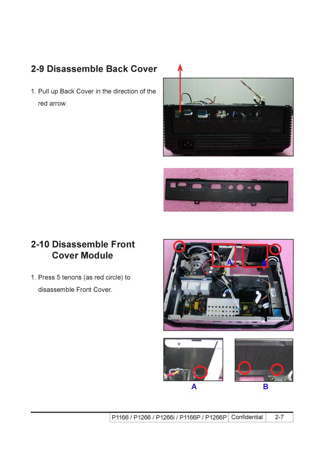 Acer P1266P, P1266i, P1166P service manual Disassemble Back Cover, Disassemble Front Cover Module 