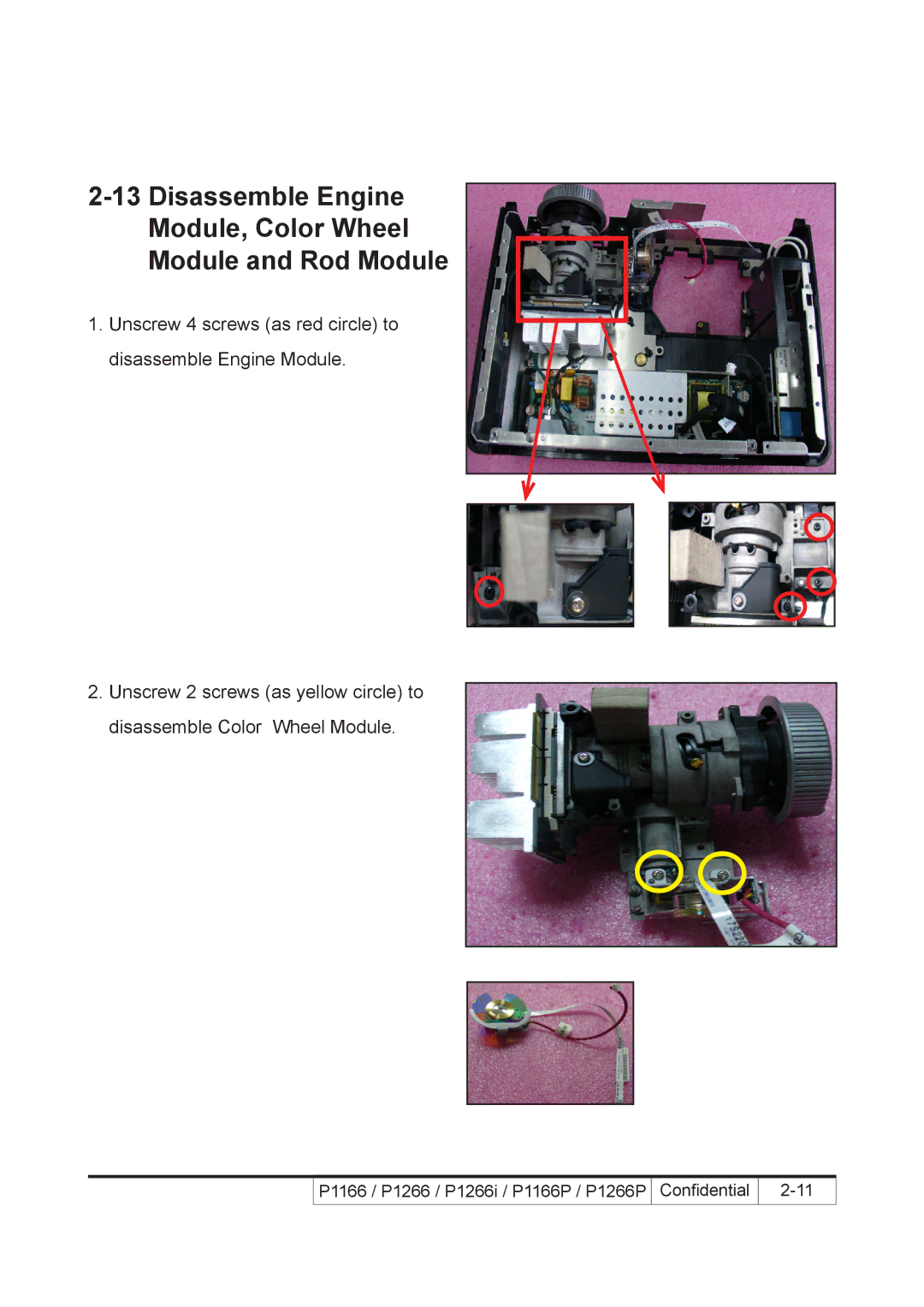 Acer P1266P, P1266i, P1166P service manual Disassemble Engine Module, Color Wheel Module and Rod Module 