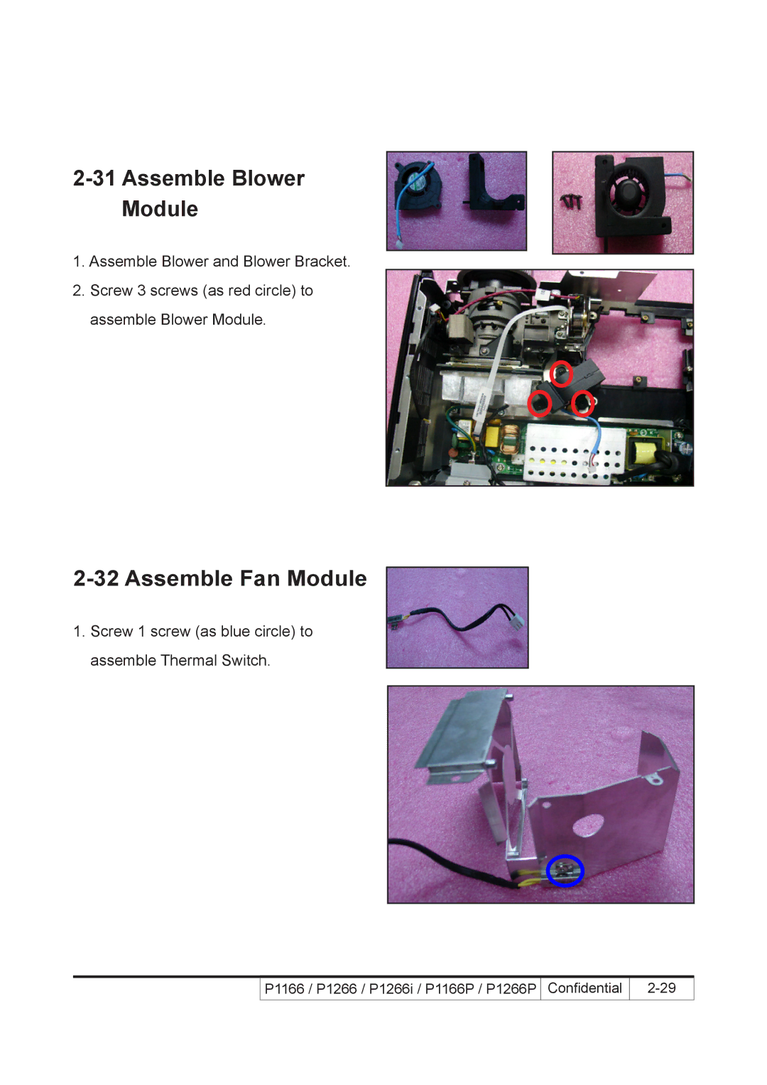 Acer P1266i, P1266P, P1166P service manual Assemble Blower Module, Assemble Fan Module 