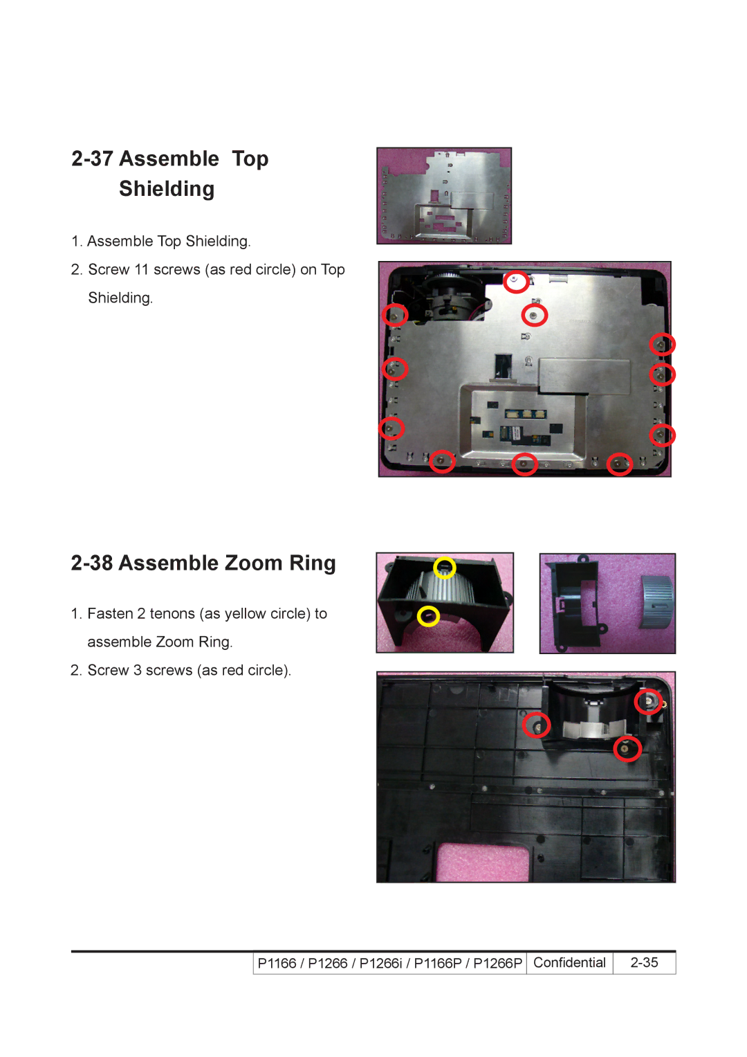 Acer P1266P, P1266i, P1166P service manual Assemble Top Shielding, Assemble Zoom Ring 