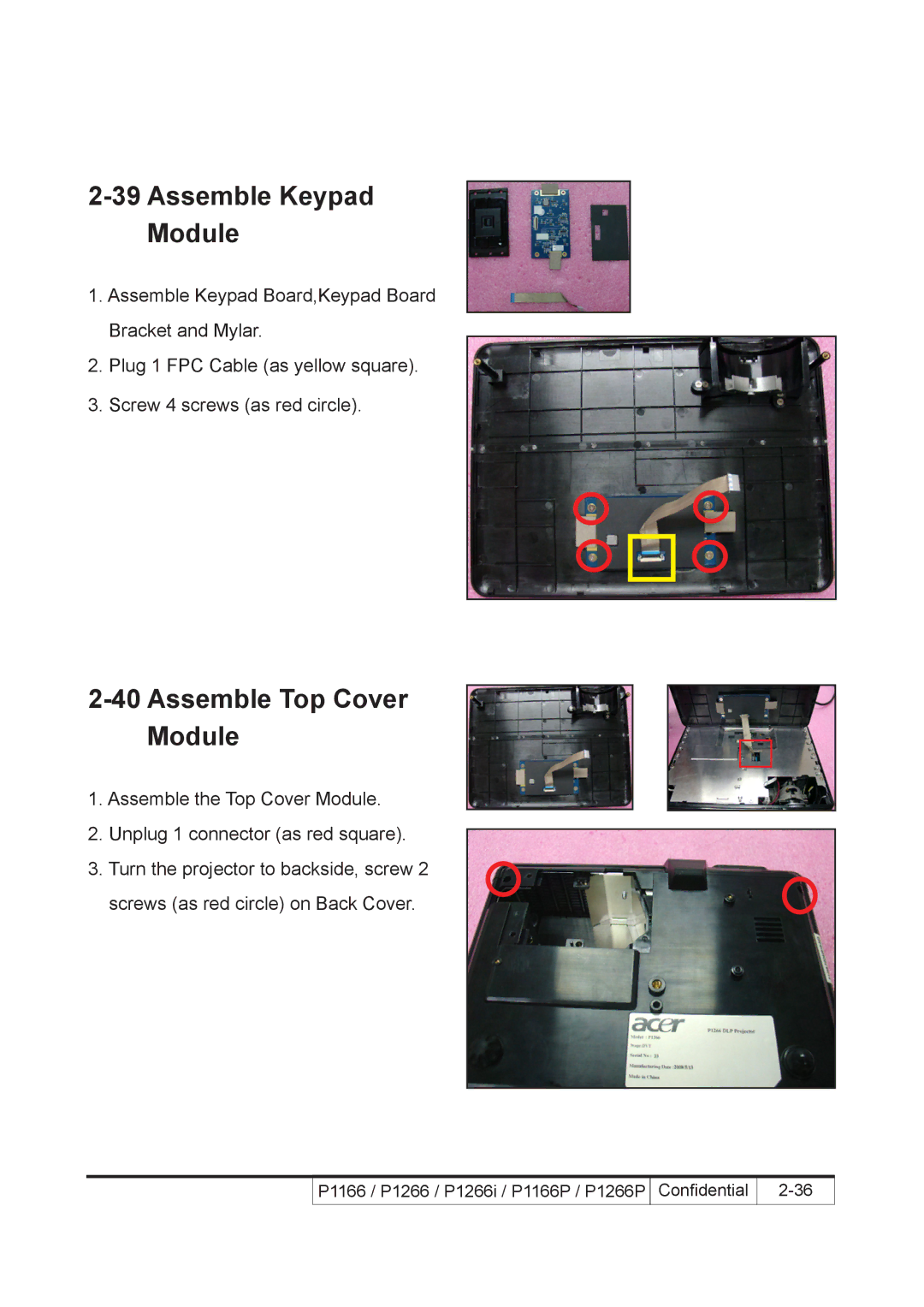 Acer P1166P, P1266i, P1266P service manual Assemble Keypad Module, Assemble Top Cover Module 