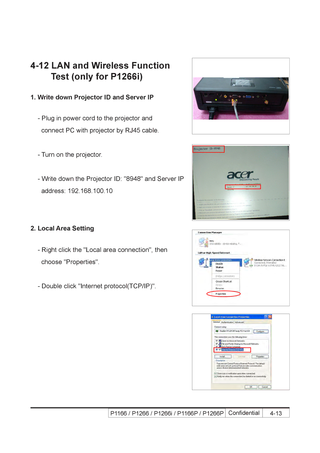 Acer P1166P, P1266i, P1266P service manual Write down Projector ID and Server IP, Local Area Setting 