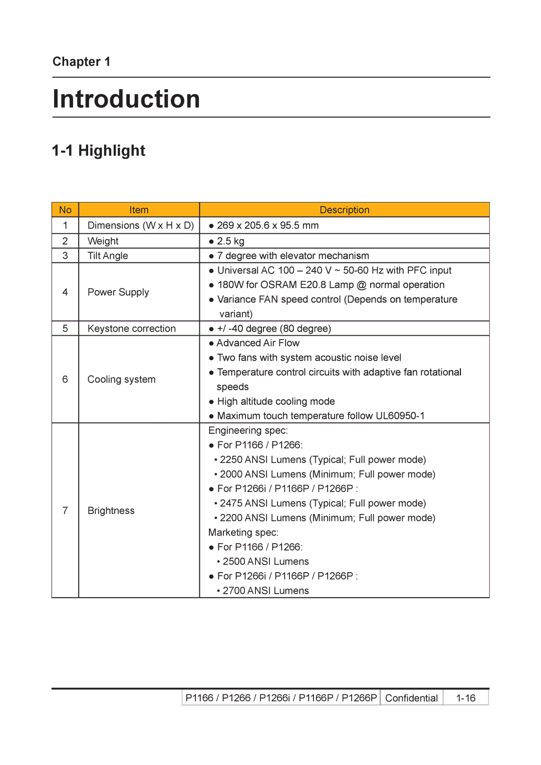 Acer P1266i, P1266P, P1166P service manual Introduction, Highlight 