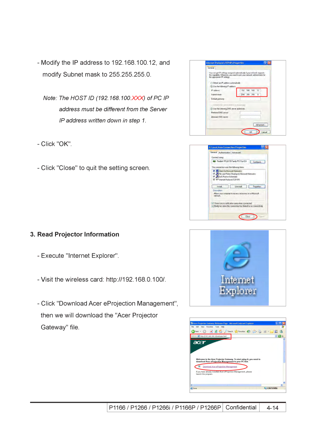 Acer P1266i, P1266P, P1166P service manual Read Projector Information 