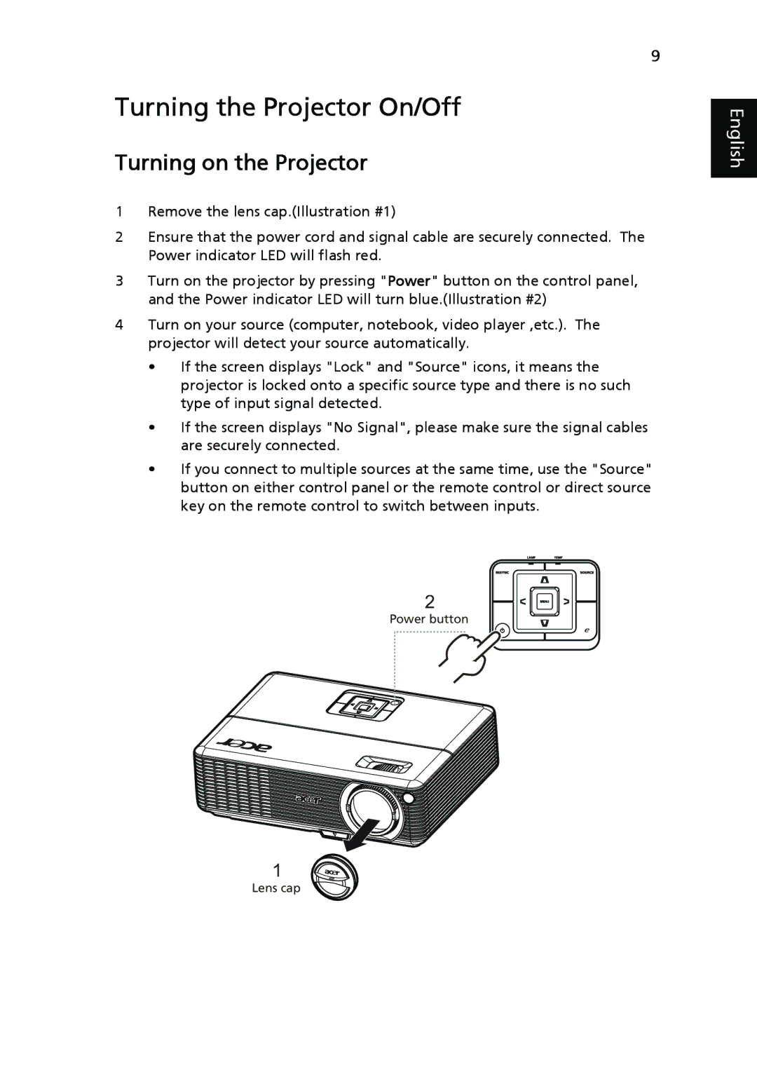 Acer P1266N, P1270, P1266i, P1266P, P1166P manual Turning the Projector On/Off, Turning on the Projector 