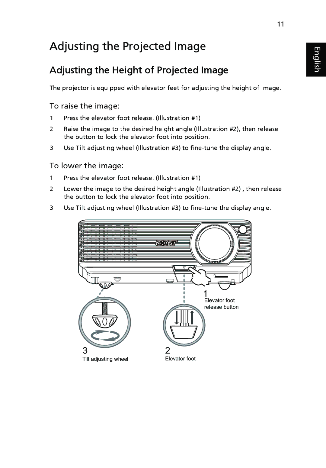 Acer P1166P Adjusting the Projected Image, Adjusting the Height of Projected Image, To raise the image, To lower the image 