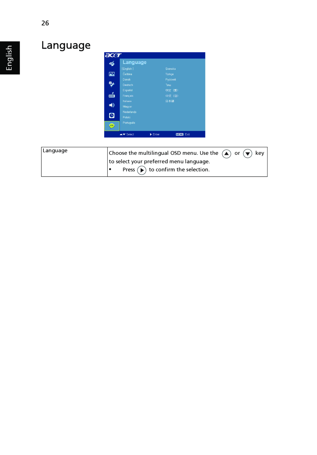 Acer P1266i, P1270, P1266N, P1266P, P1166P manual Language 