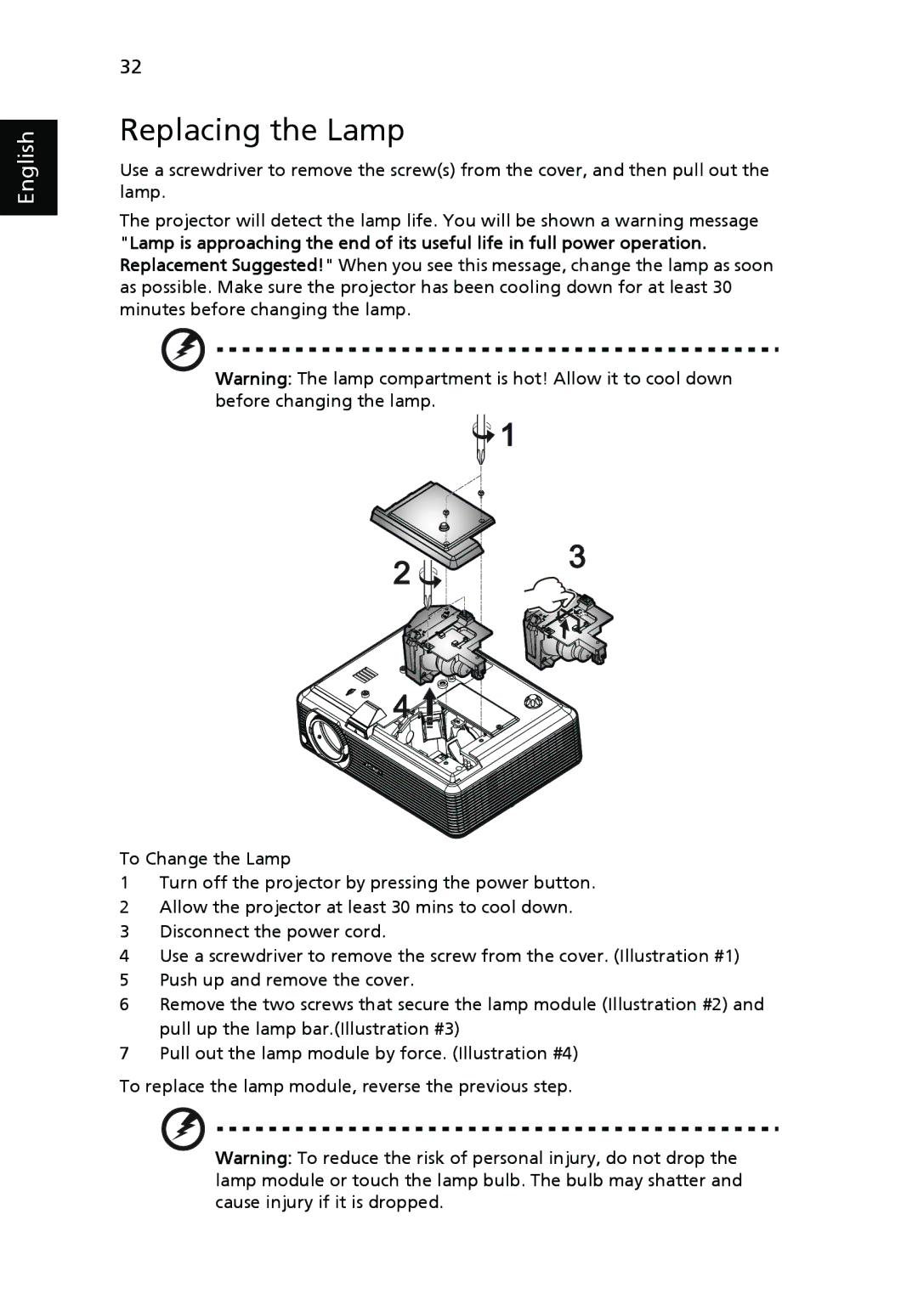 Acer P1266i, P1270, P1266N, P1266P, P1166P manual Replacing the Lamp 