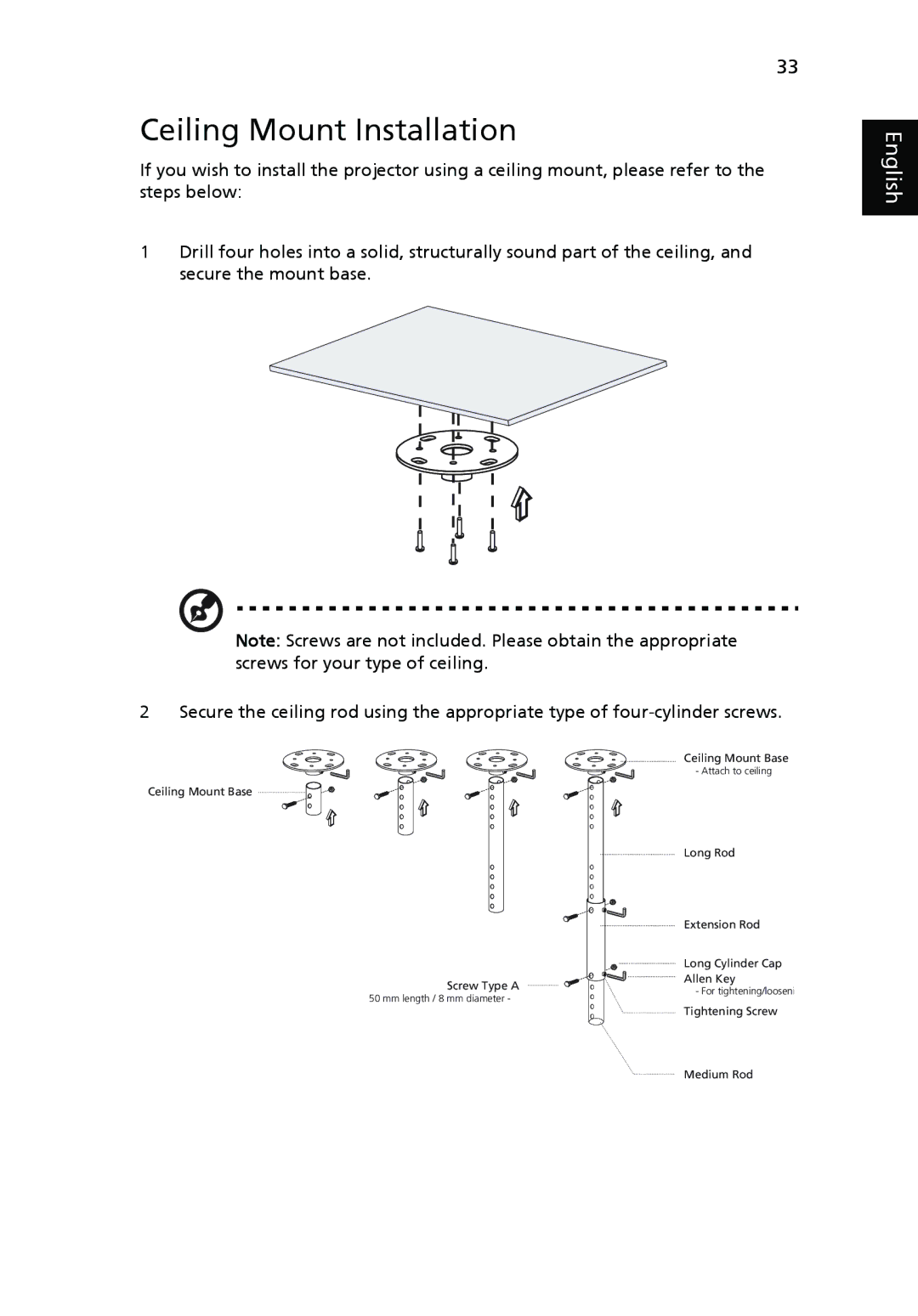 Acer P1266N, P1270, P1266i, P1266P, P1166P manual Ceiling Mount Installation 