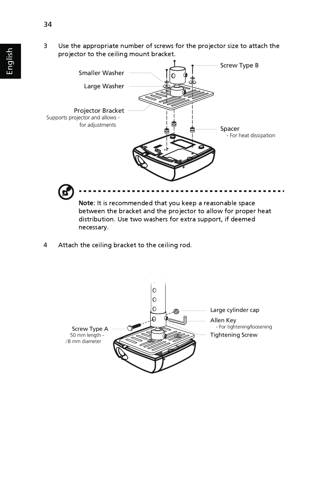 Acer P1266P, P1270, P1266i, P1266N, P1166P manual Attach the ceiling bracket to the ceiling rod 