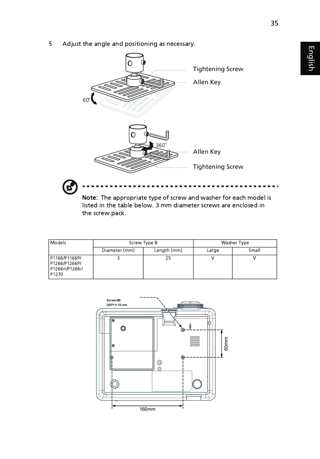 Acer P1166P, P1270, P1266i, P1266N, P1266P manual 60mm 