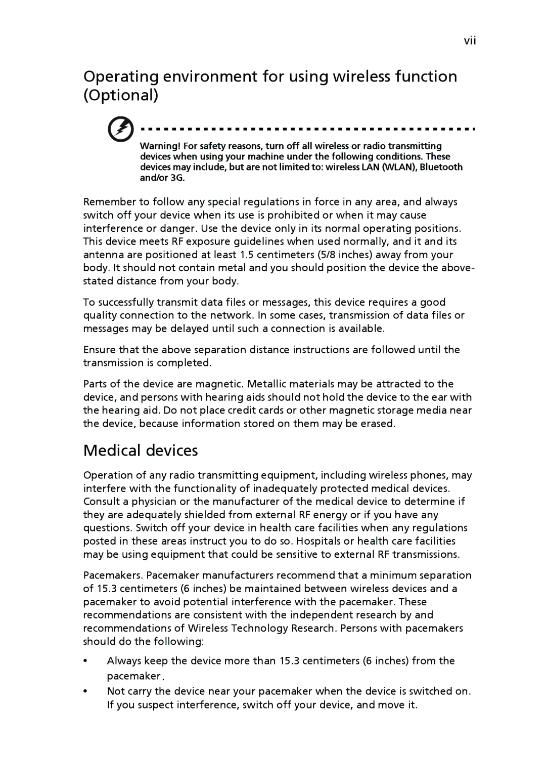 Acer P1270, P1266i, P1266N, P1266P, P1166P Operating environment for using wireless function Optional, Medical devices 