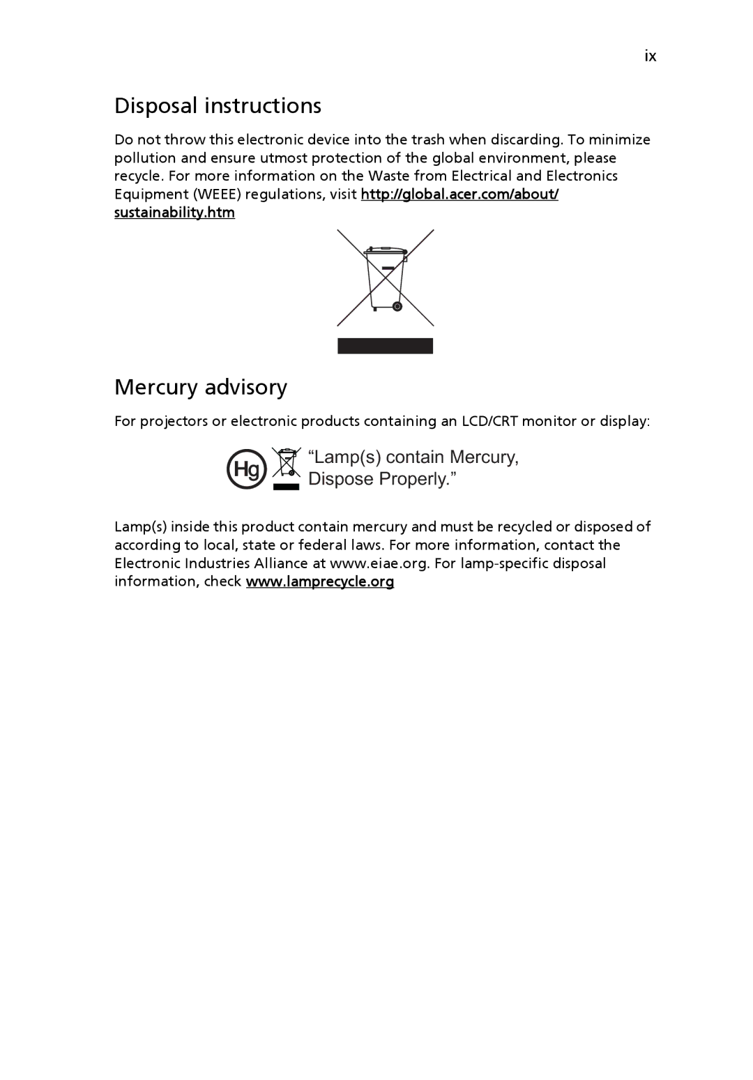 Acer P1266N, P1270, P1266i, P1266P, P1166P Disposal instructions Mercury advisory, Lamps contain Mercury, Dispose Properly 