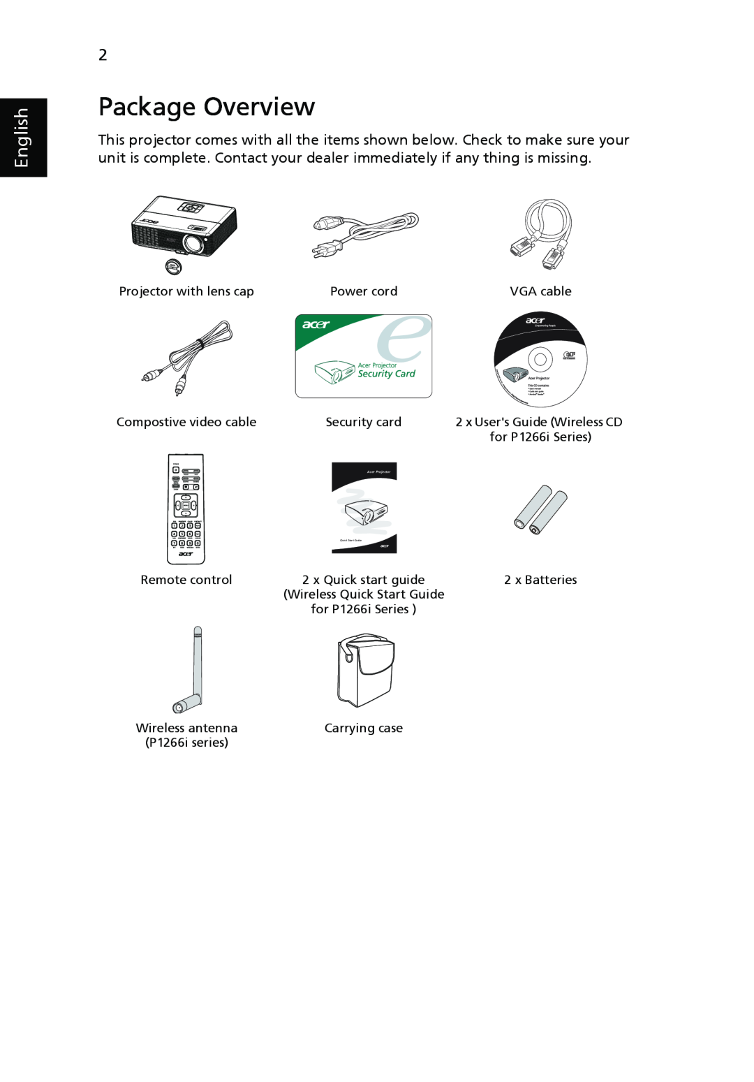 Acer P1266i Package Overview, English, Projector with lens cap, Power cord, VGA cable, Compostive video cable, x Batteries 