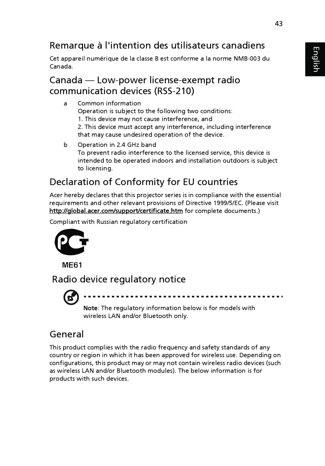Acer P1266 Remarque à lintention des utilisateurs canadiens, Declaration of Conformity for EU countries, General, English 