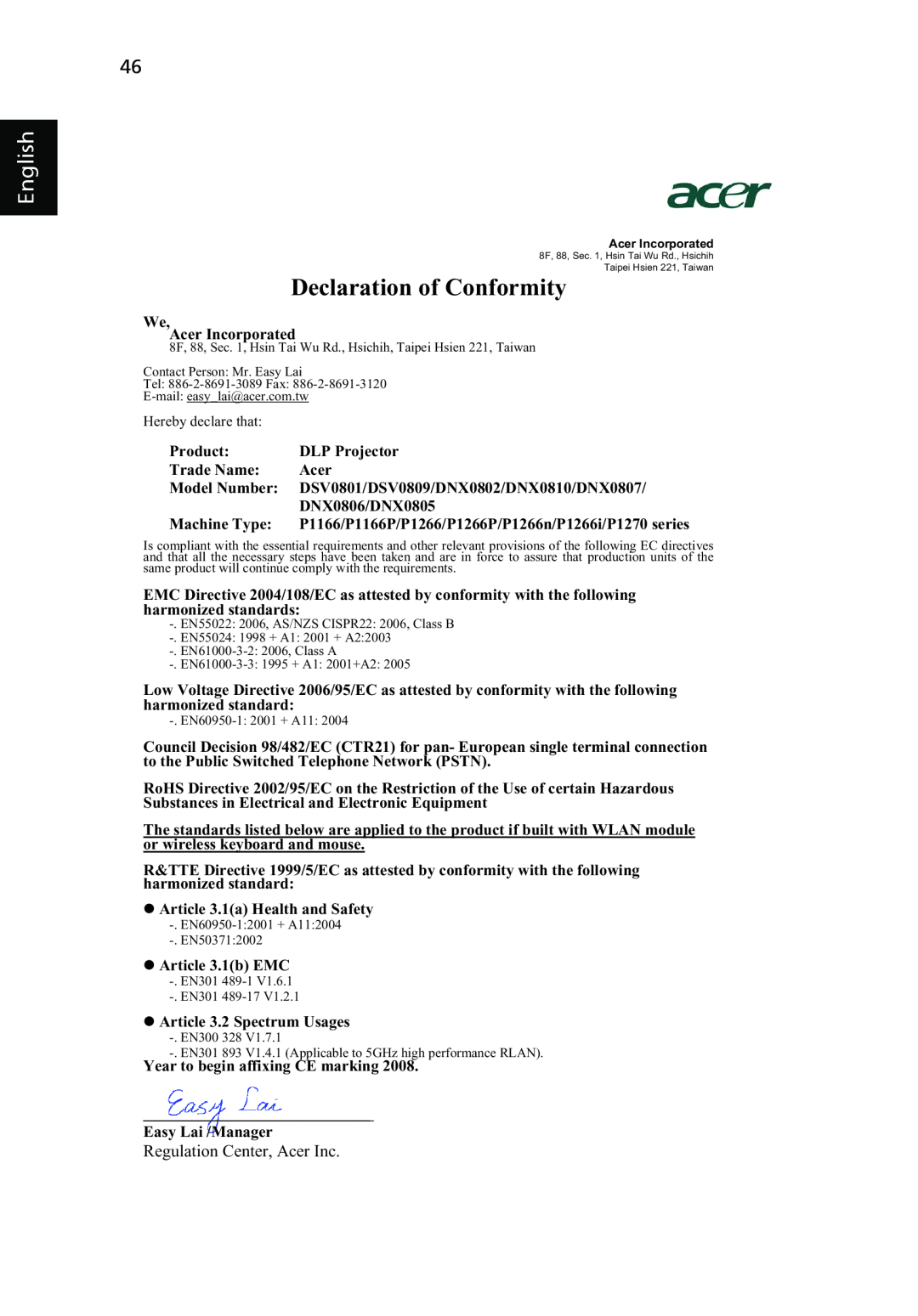 Acer P1266P, P1270, P1266i, P1266N, P1166P manual Declaration of Conformity, English 