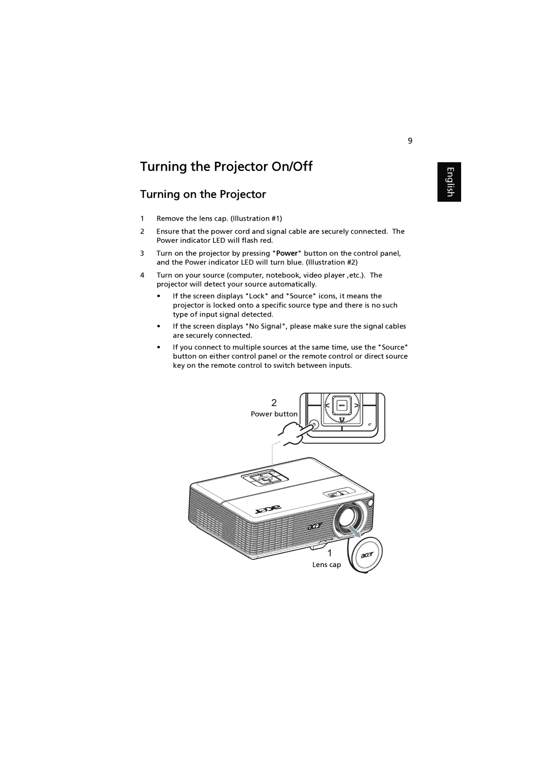 Acer P1206, P1303W, P1203, P1200, P1100 manual Turning the Projector On/Off, Turning on the Projector, Lens cap 