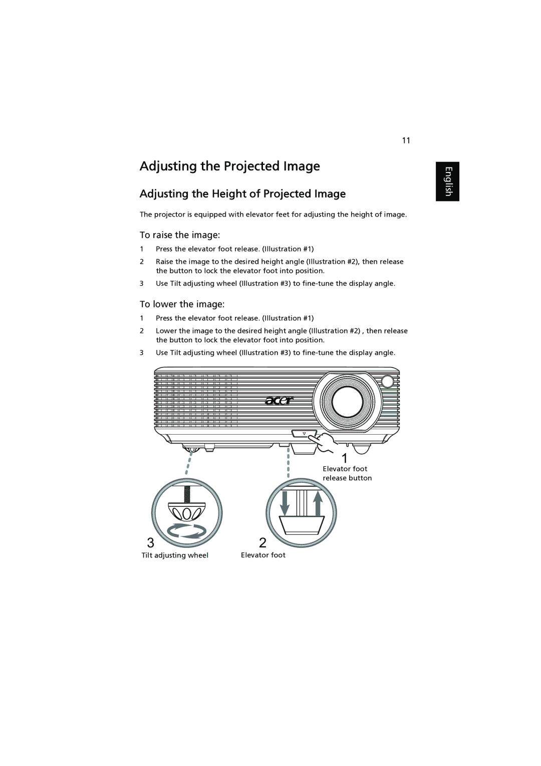 Acer P1203 Adjusting the Projected Image, Adjusting the Height of Projected Image, To raise the image, To lower the image 