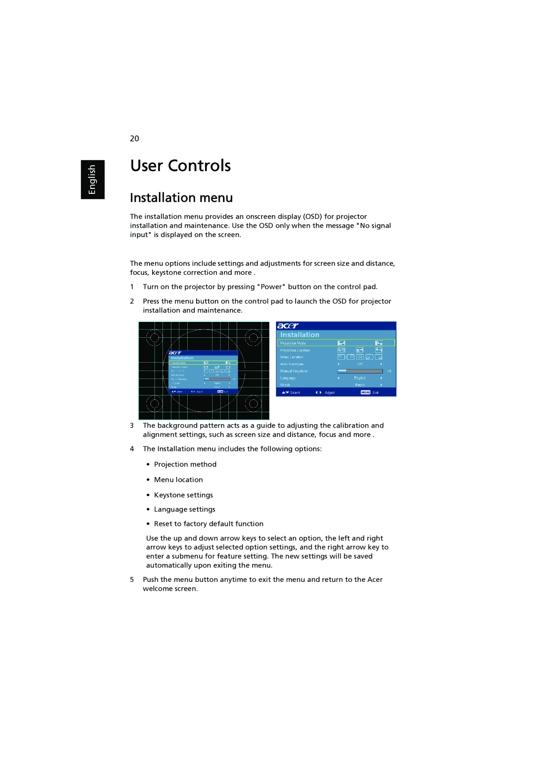 Acer P1303W, P1203, P1200, P1100, P1206 manual User Controls, Installation menu 