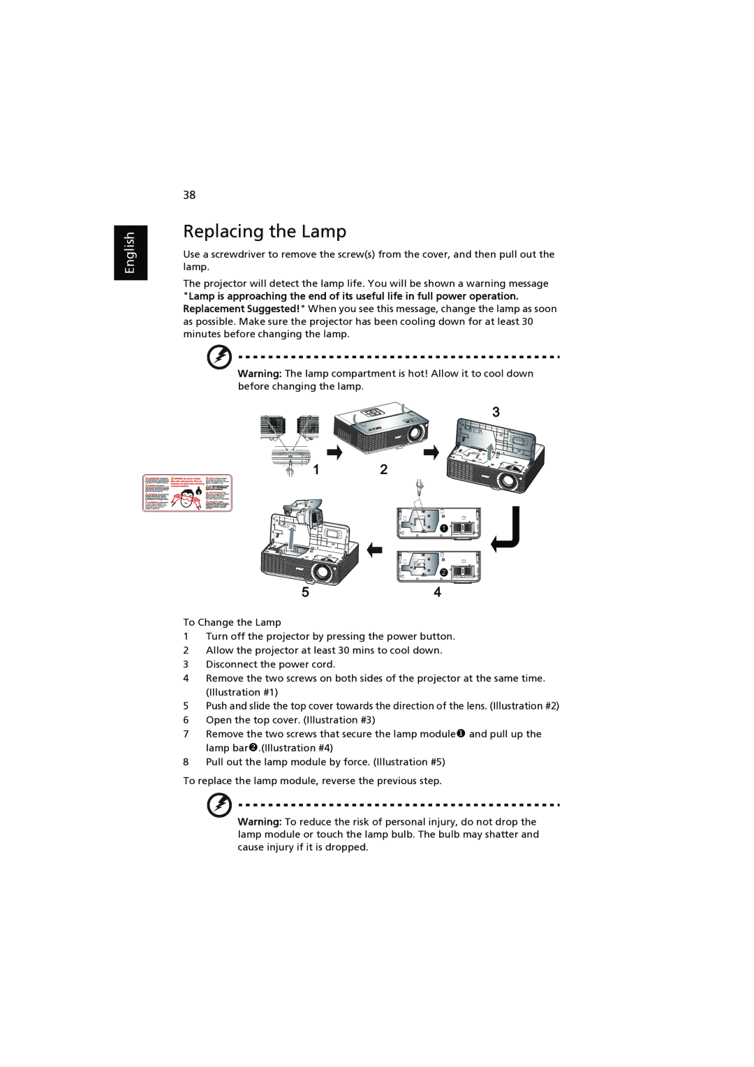 Acer P1100, P1303W, P1203, P1200, P1206 manual Replacing the Lamp 