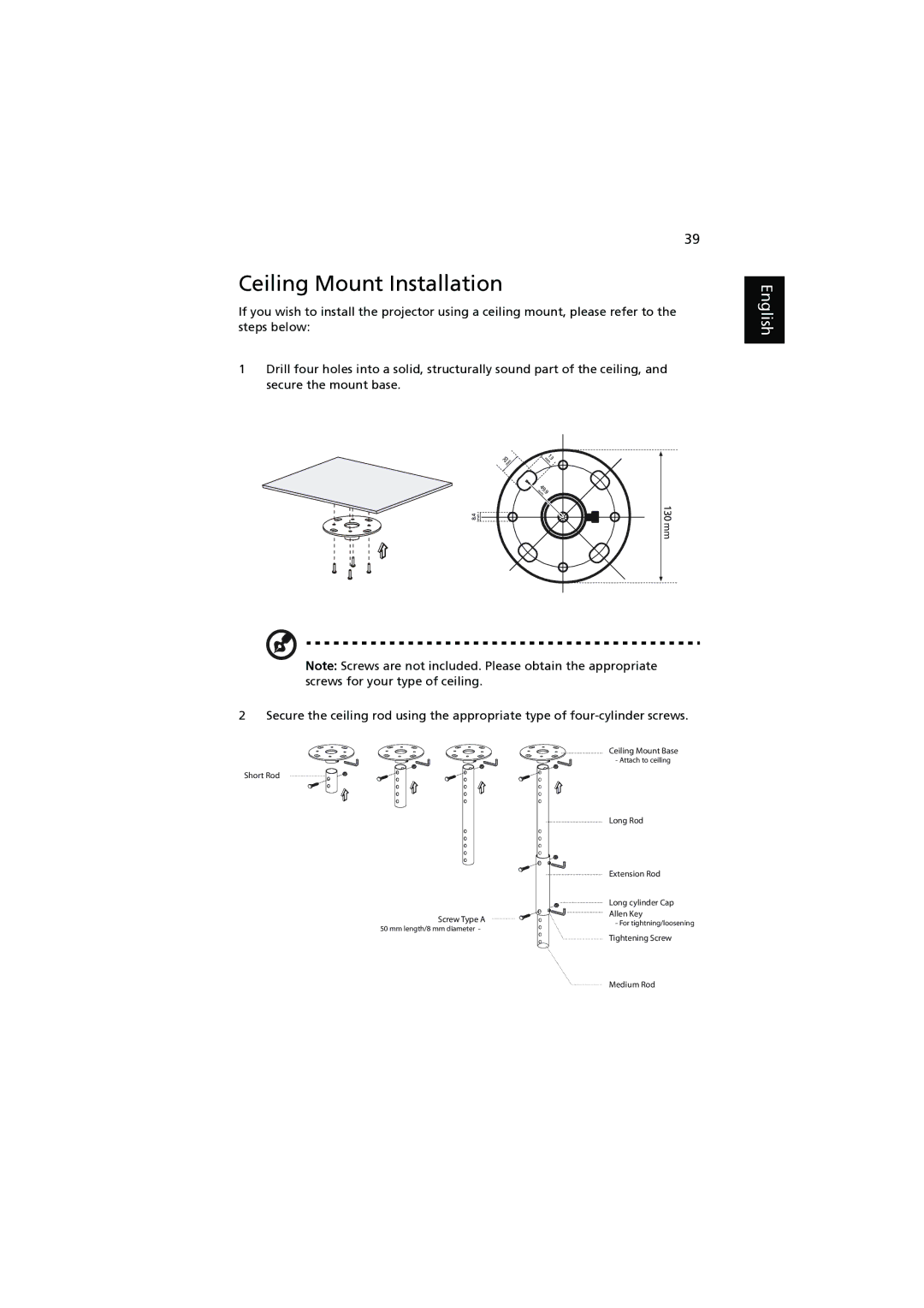 Acer P1206, P1303W, P1203, P1200, P1100 manual Ceiling Mount Installation 