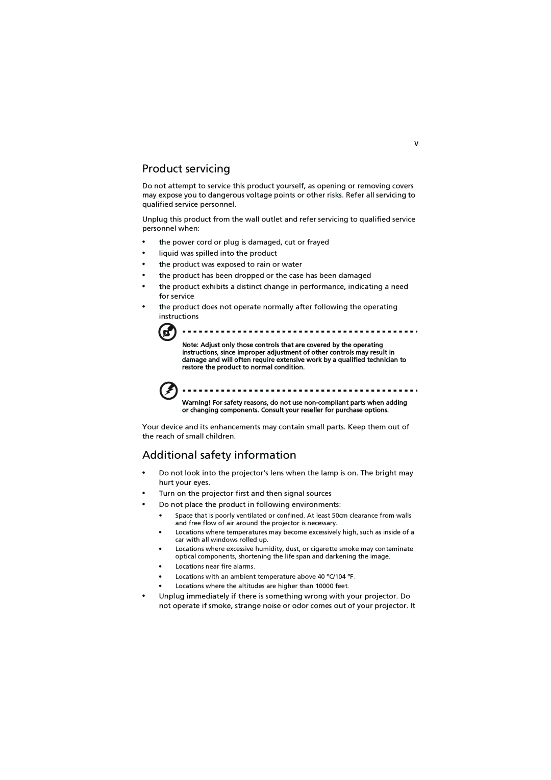 Acer P1303W, P1203, P1200, P1100, P1206 manual Product servicing, Additional safety information 