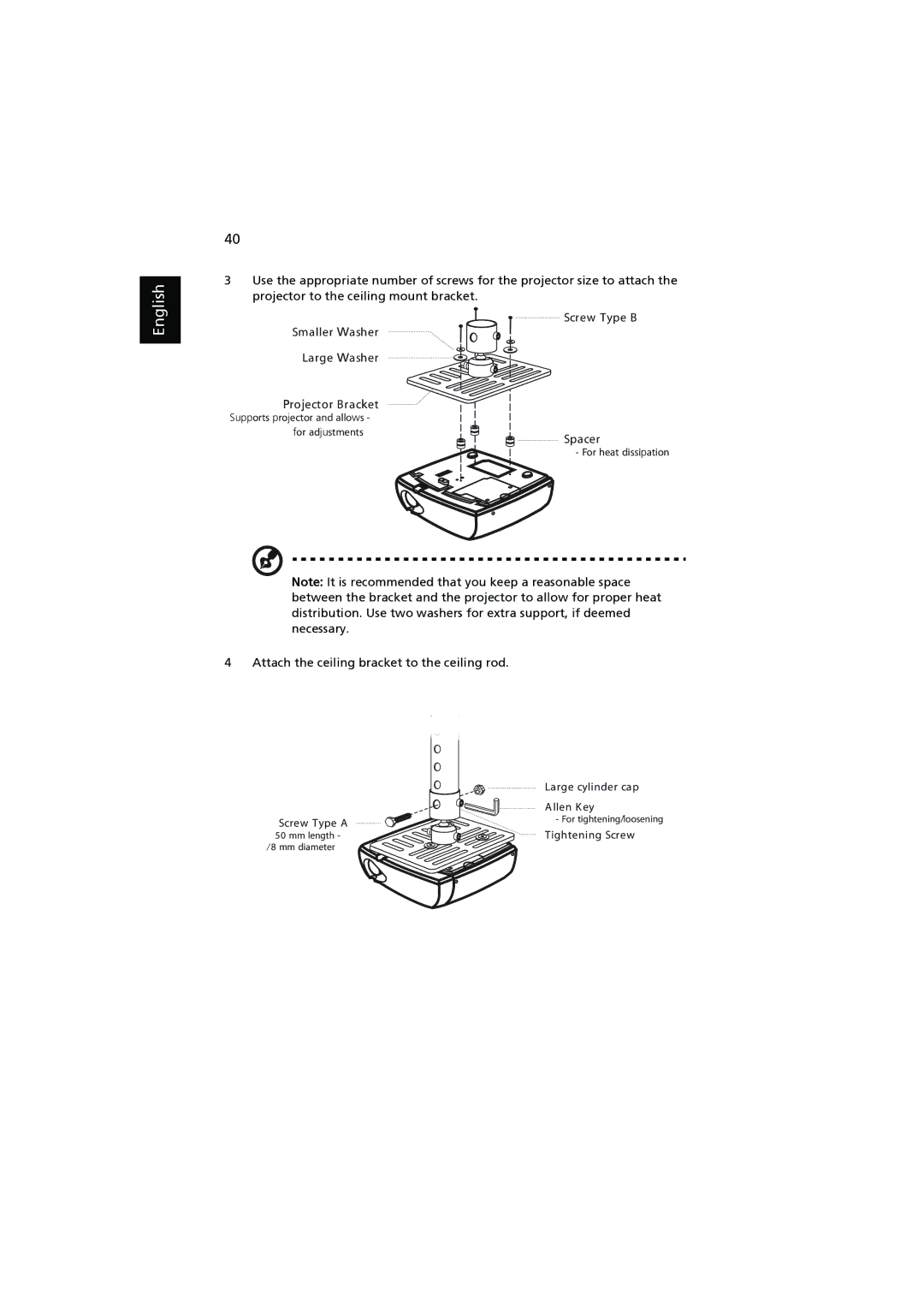 Acer P1303W, P1203, P1200, P1100, P1206 manual Attach the ceiling bracket to the ceiling rod 