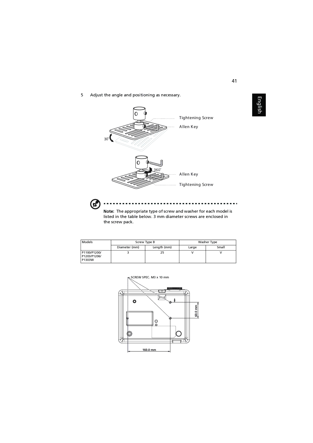 Acer P1203, P1303W, P1200, P1100, P1206 manual 60.0 mm 