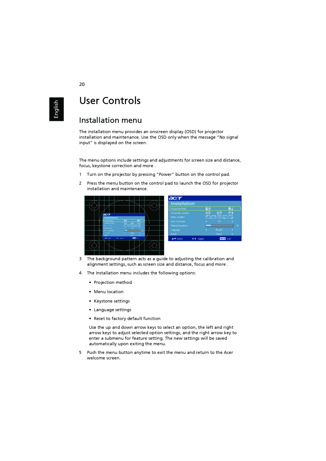 Acer P1303W, P1203, P1200, P1100, P1206 manual User Controls, Installation menu, English 
