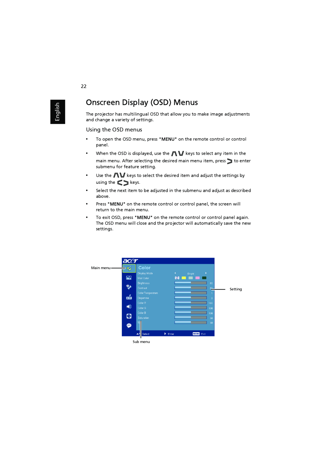 Acer P1200, P1303W, P1203, P1100, P1206 manual Onscreen Display OSD Menus, Using the OSD menus, English 