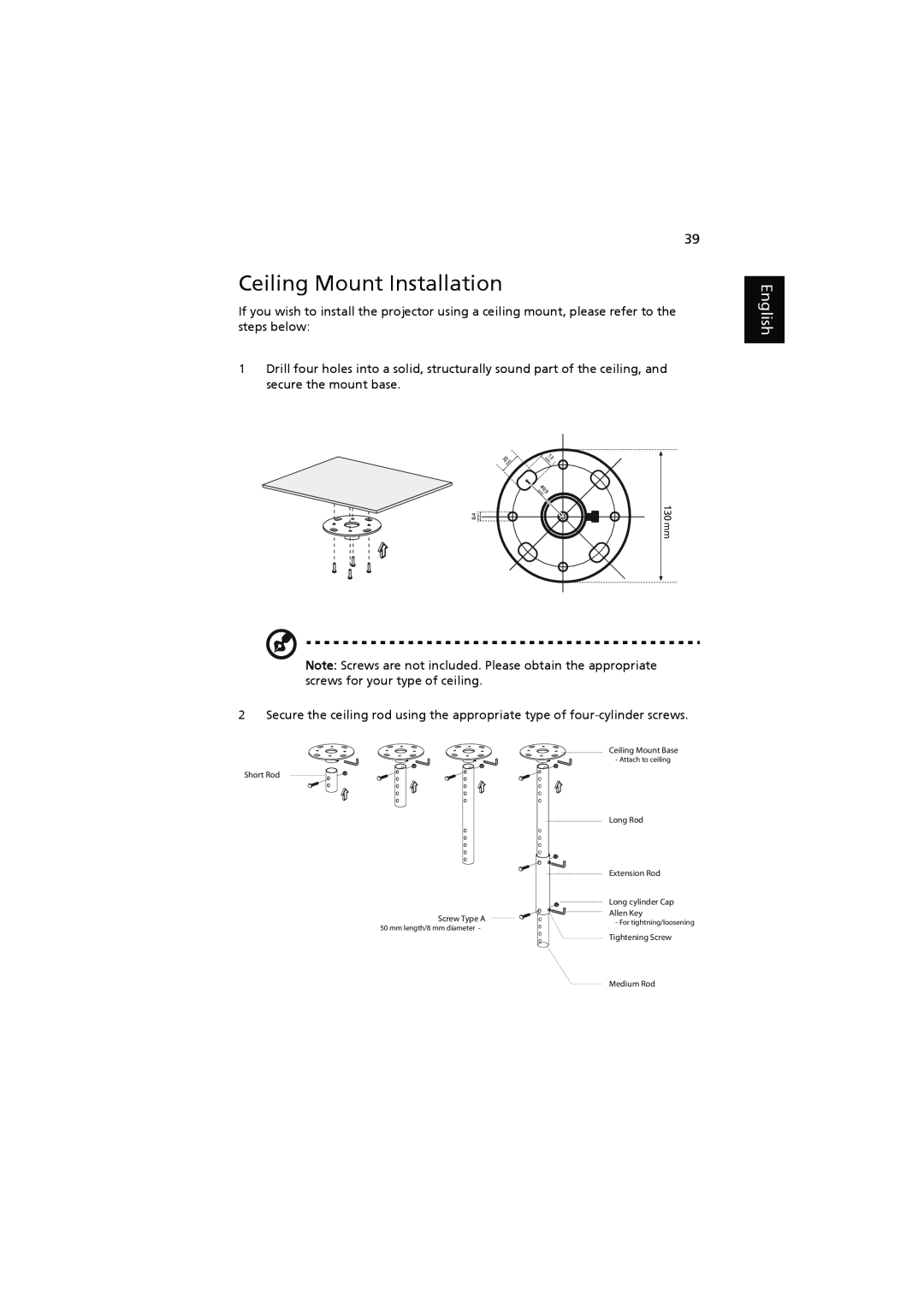Acer P1206, P1303W, P1203, P1200, P1100 manual Ceiling Mount Installation, English 