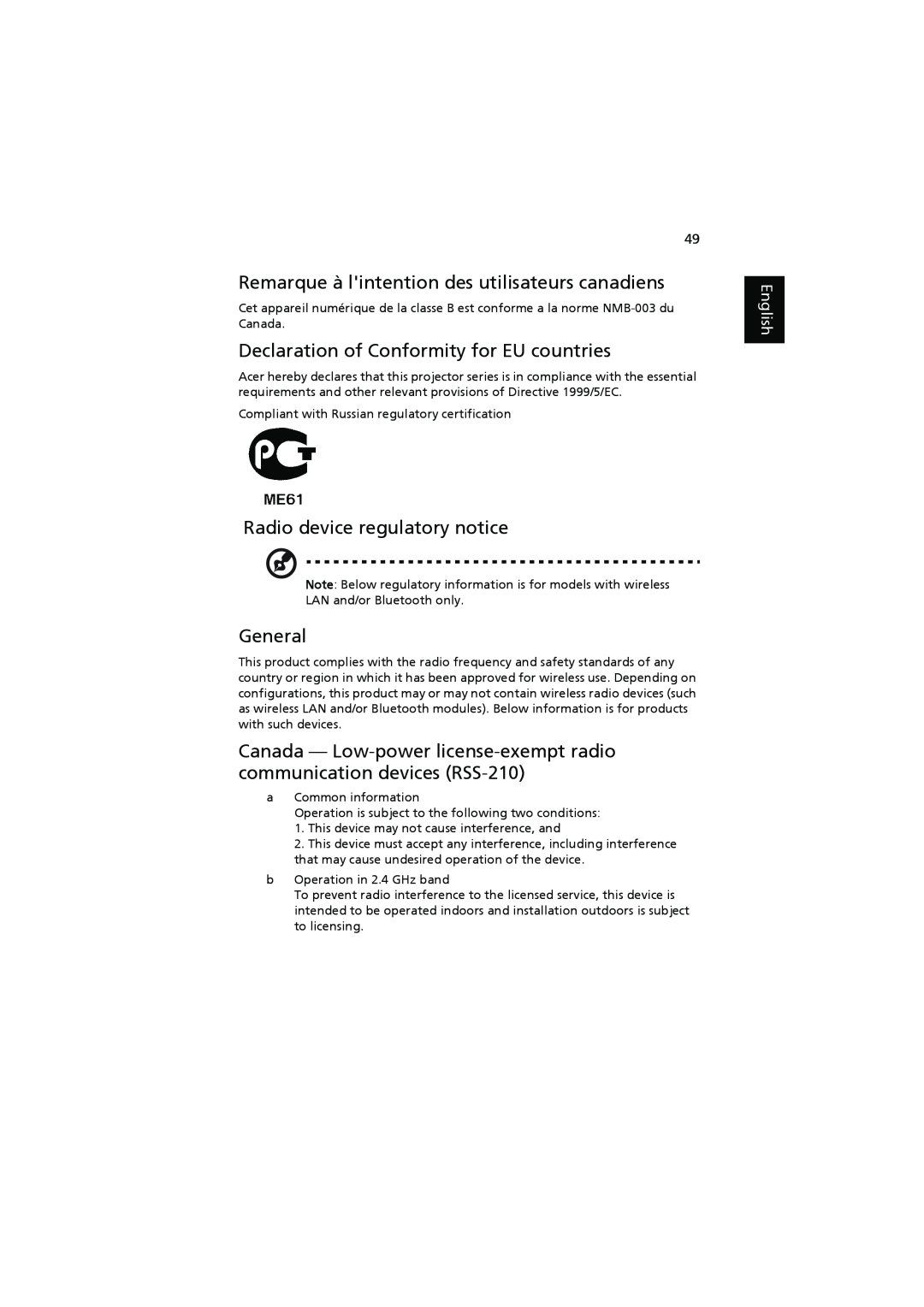 Acer P1206 Remarque à lintention des utilisateurs canadiens, Declaration of Conformity for EU countries, General, English 