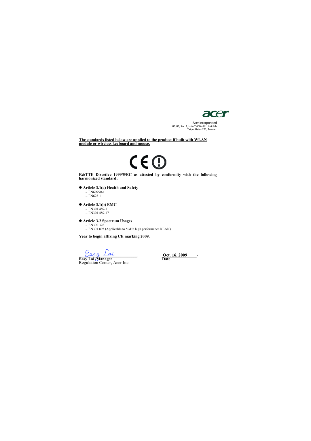 Acer P1200, P1303W, P1203, P1100, P1206 manual Oct. 16, Regulation Center, Acer Inc 