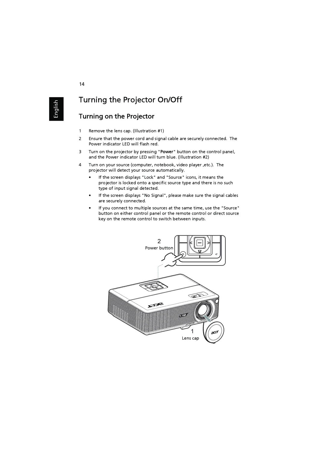 Acer P1303W, P1300WB, P1203, P1200I, P1200N, P1200C, P1200B, P1100C, P1206 Turning the Projector On/Off, Turning on the Projector 