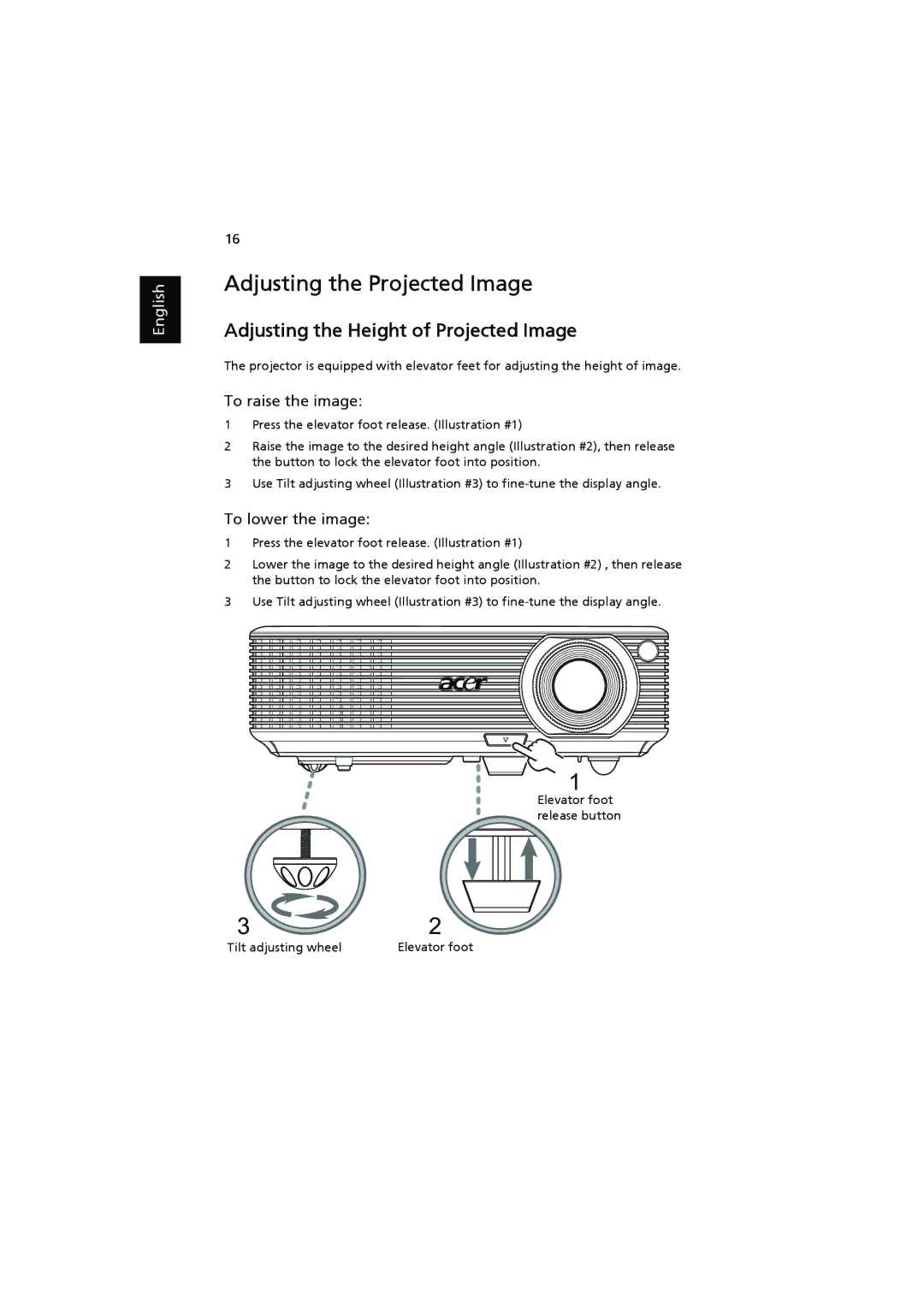 Acer P1203 Adjusting the Projected Image, Adjusting the Height of Projected Image, To raise the image, To lower the image 