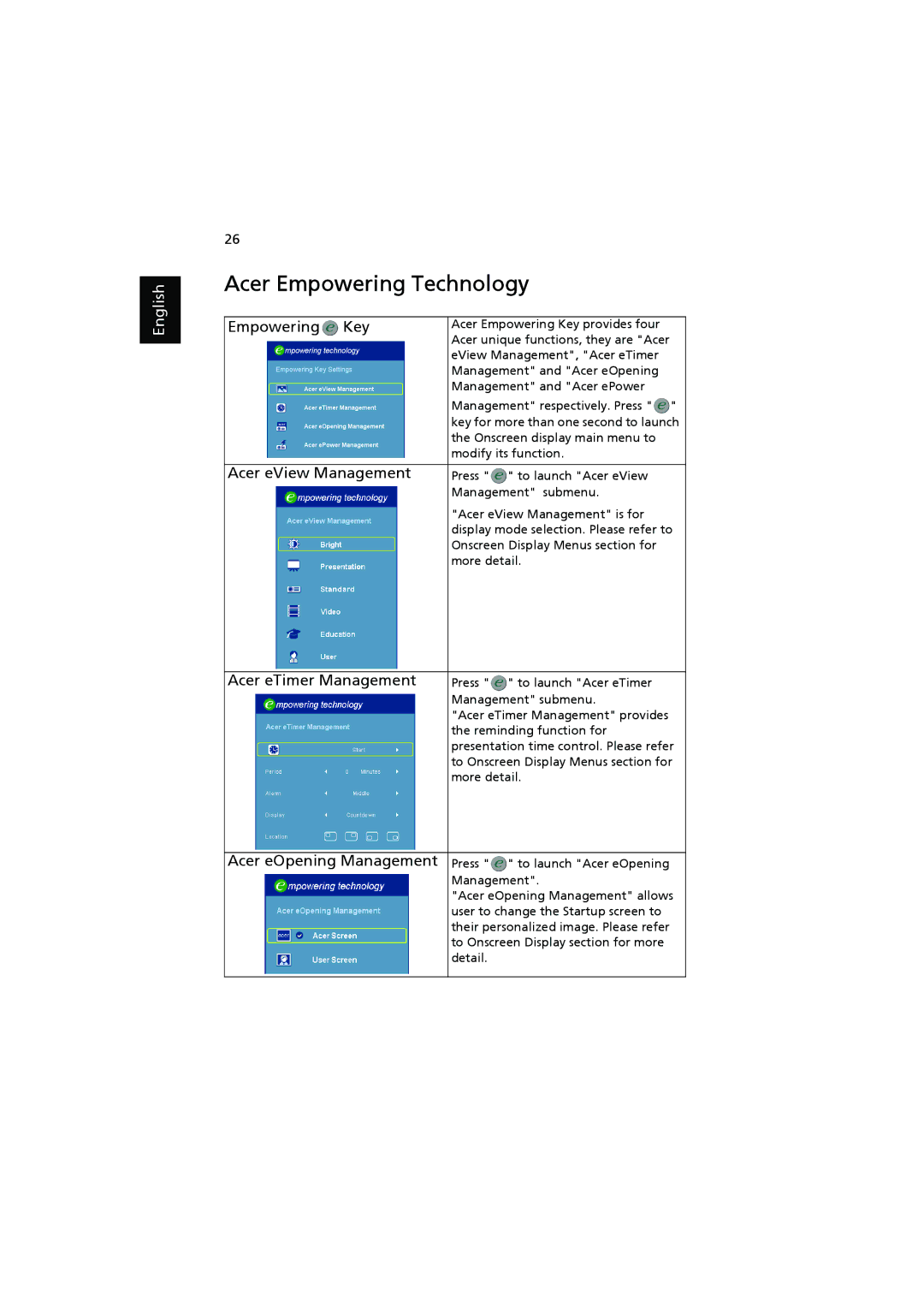 Acer P1303W, P1300WB, P1203, P1200 Acer Empowering Technology, Empowering Key, Acer eView Management, Acer eTimer Management 