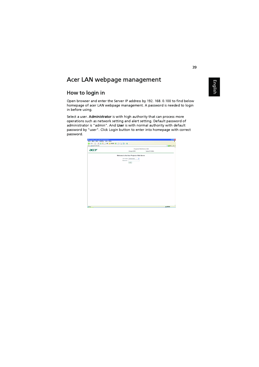 Acer P1300WB, P1303W, P1203, P1200I, P1200N, P1200C, P1200B, P1100C, P1100A, P1200A manual Acer LAN webpage management, How to login 