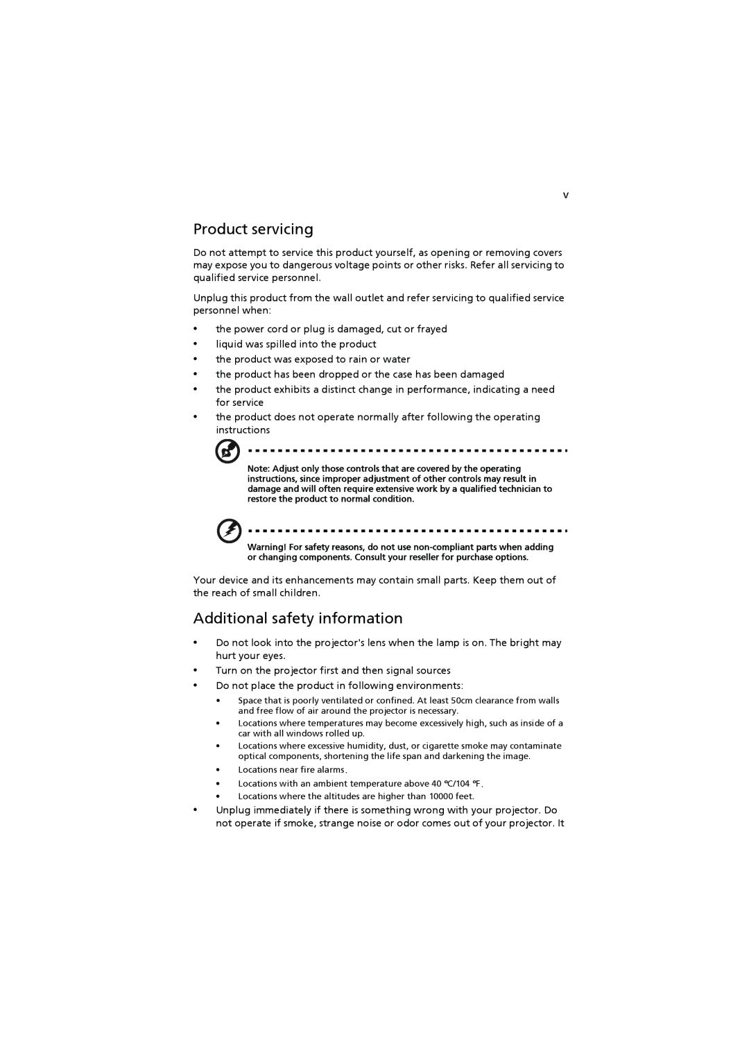 Acer P1200C, P1303W, P1300WB, P1203, P1200I, P1200N, P1200B, P1100C, P1100A manual Product servicing, Additional safety information 