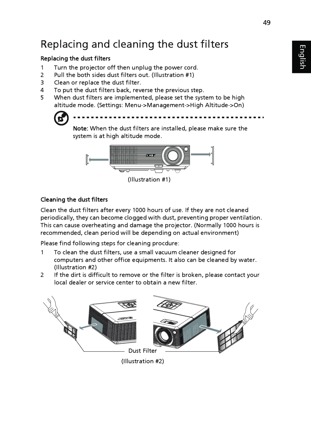 Acer P1206, P1303W, P1300WB, P1203, P1200I, P1200N, P1200C Replacing and cleaning the dust filters, Replacing the dust filters 